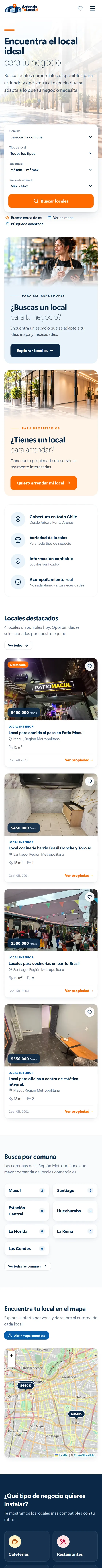 Página completa de Arrienda tu Local en celular